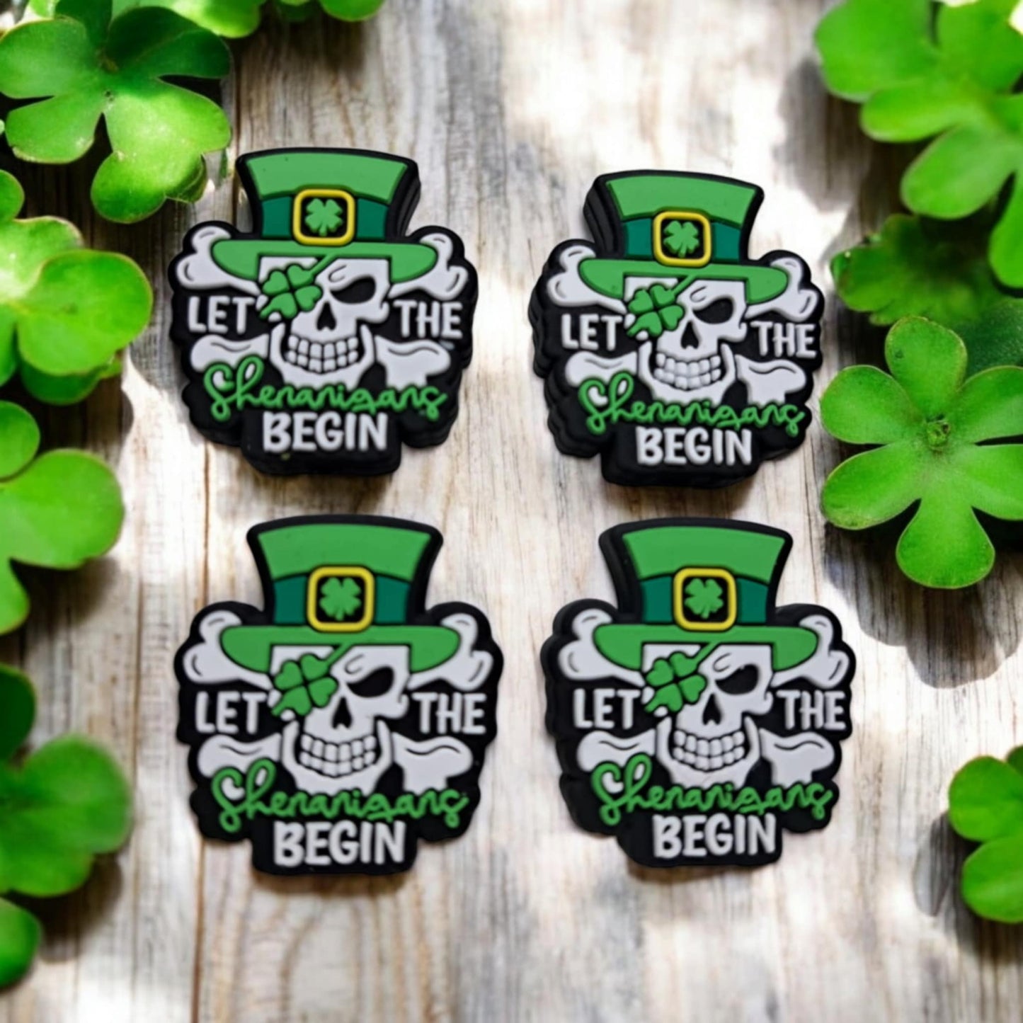 Let The Shenanigans Begin: White Skull & Bones With Green Hat - St. Patrick's Day Silicone Focal Bead