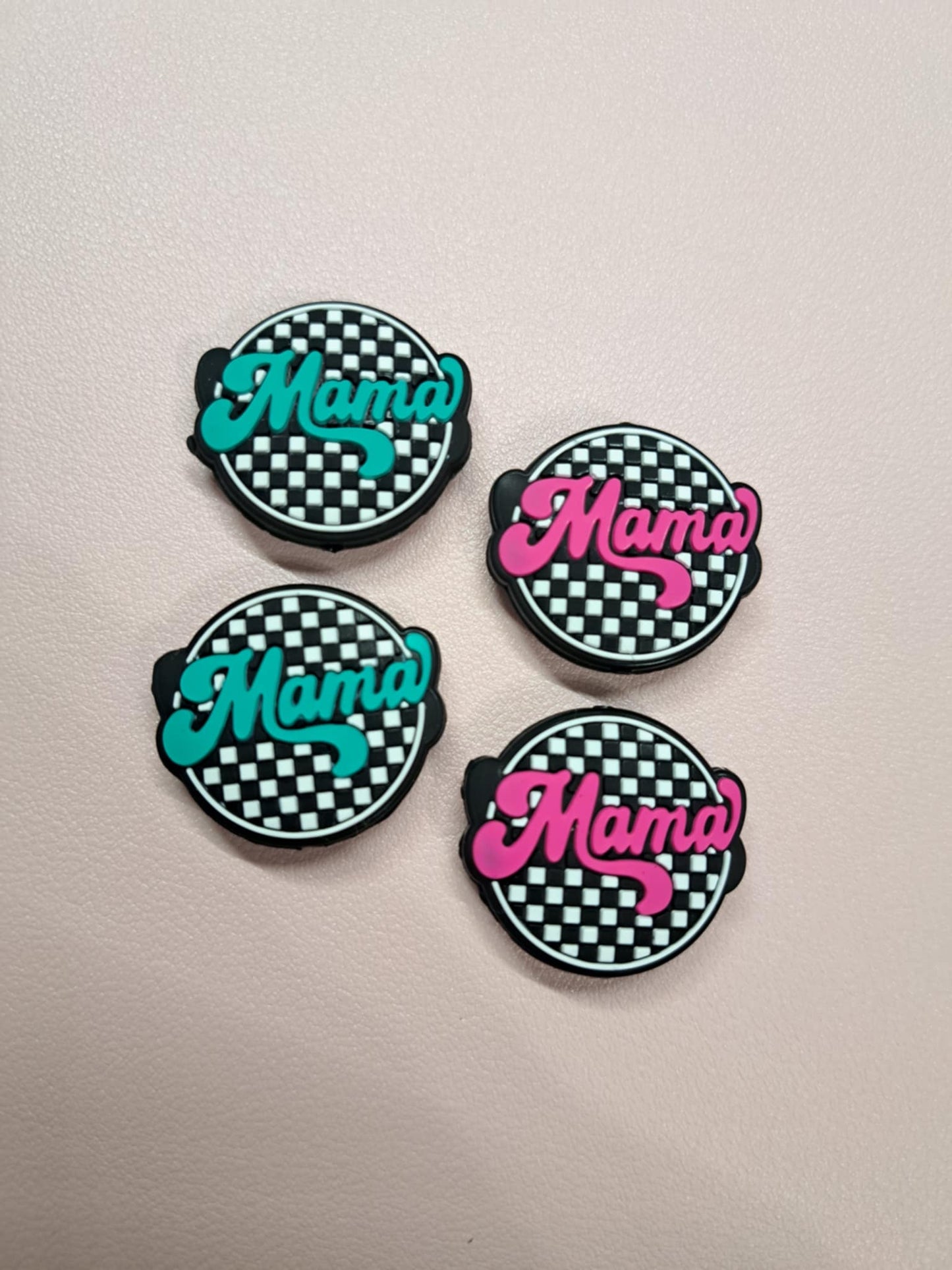 Mama Round Checkered Pattern Silicone Focal Bead