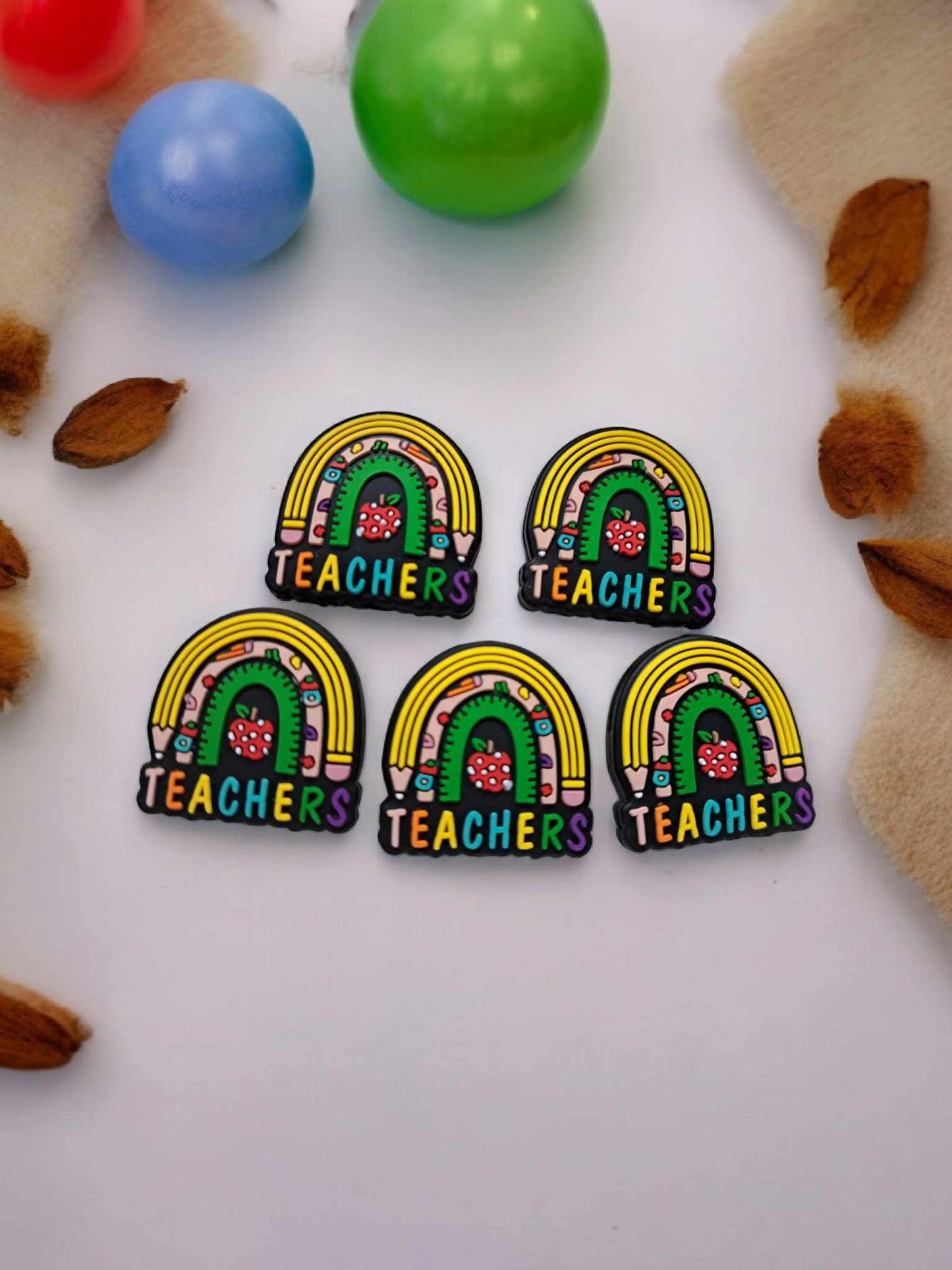 Teachers Rainbow with Apple/Pencil: Style 2 Silicone Focal Bead - 0969