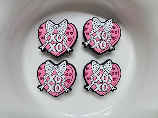 Pink Candy Heart Box with XOXO, Pink Hearts and White Bow Silicone Focal Bead