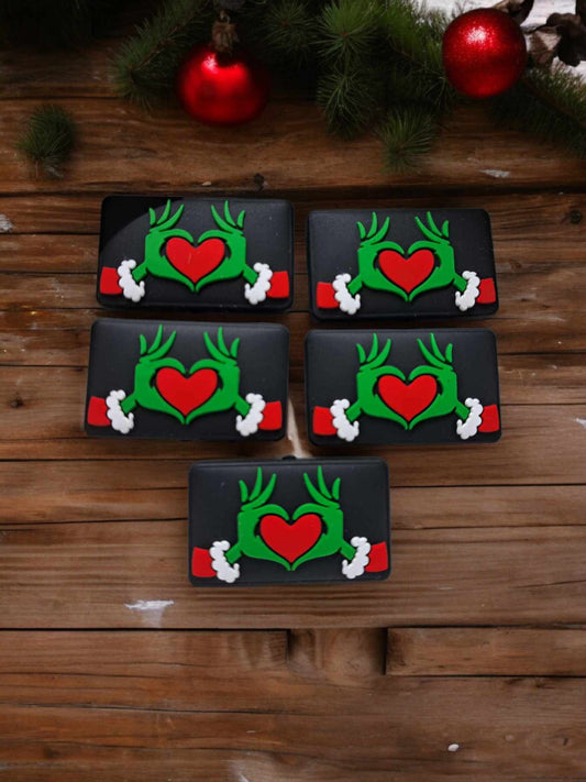 Grinch/Mean One Hands Making Red Heart in Center in Santa Suit Silicone Focal Bead - 1254