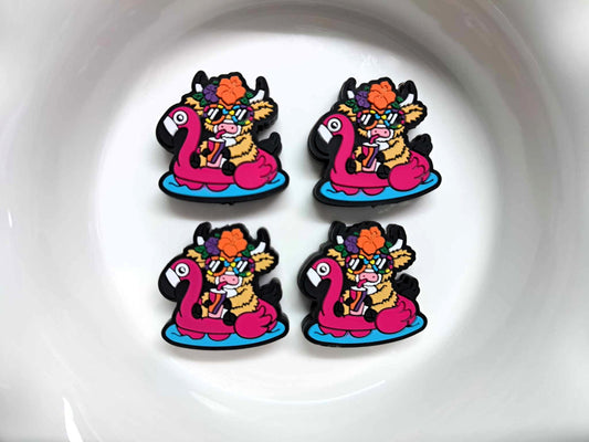 Highland Cow on Pink Pool Flamingo Floatie with Drink Silicone Focal Bead - 1248