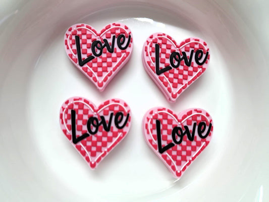 Love Written on Pink Heart with Red Checkered Pattern Silicone Focal Bead
