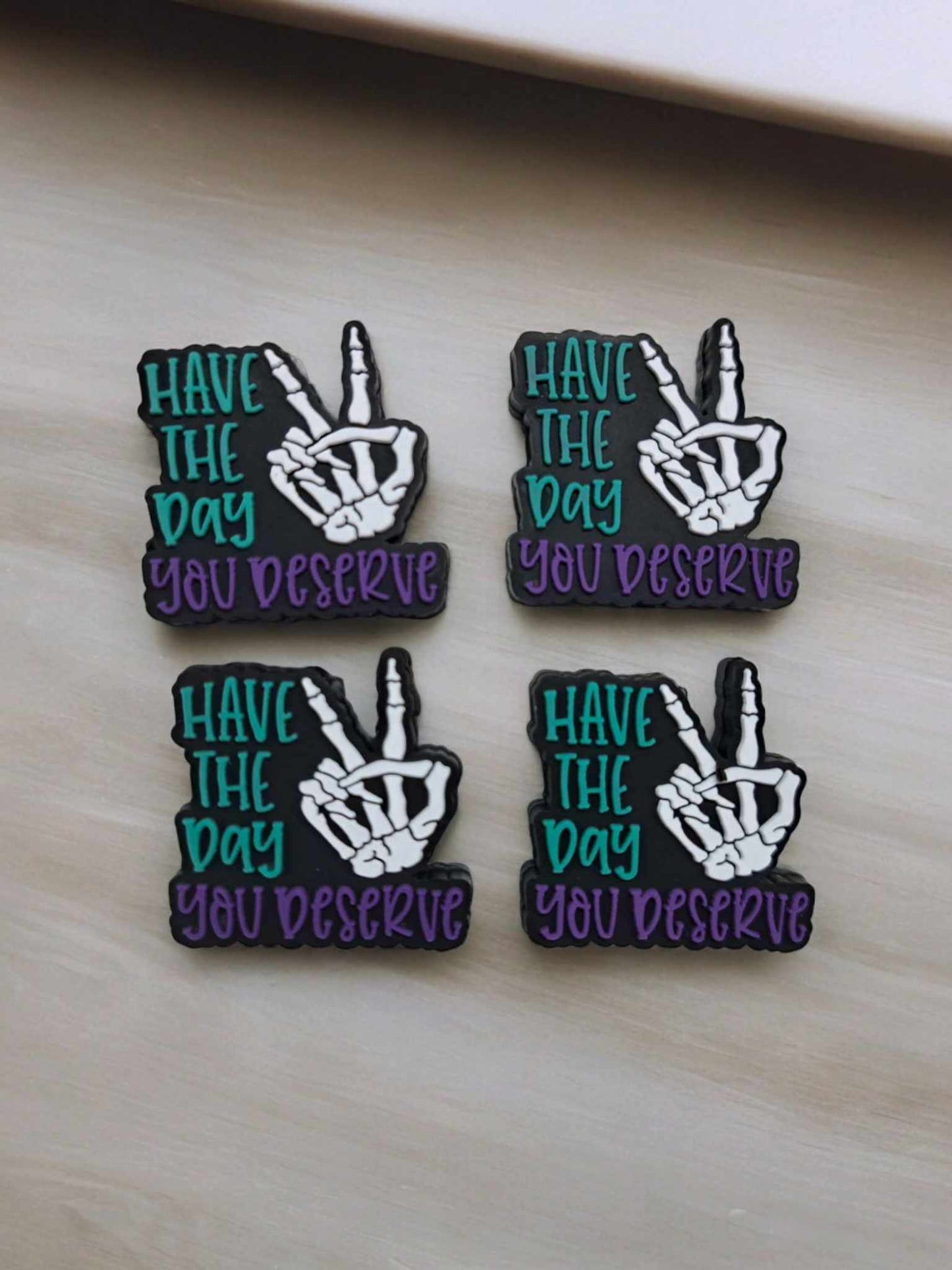 Have the Day You Deserve Purple with Skellie Hand Peace Sign: Style 2 Silicone Focal Bead - 0909