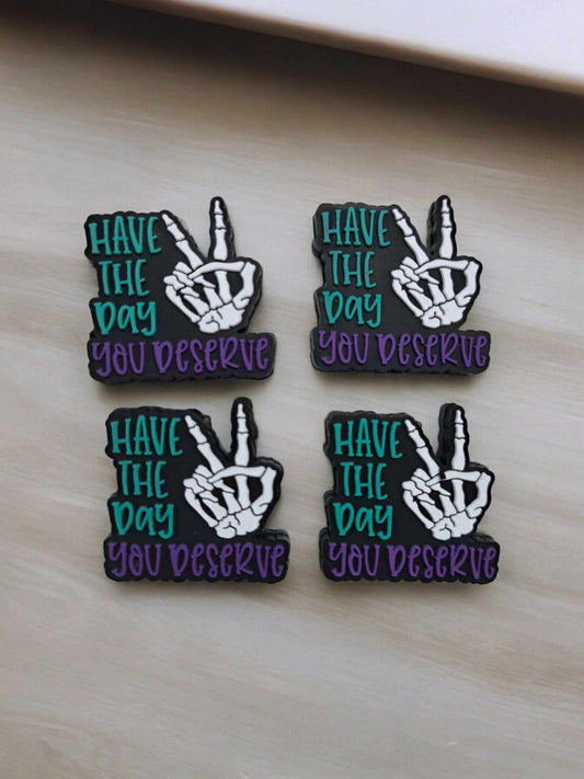 Have the Day You Deserve Purple with Skellie Hand Peace Sign: Style 2 Silicone Focal Bead - 0909