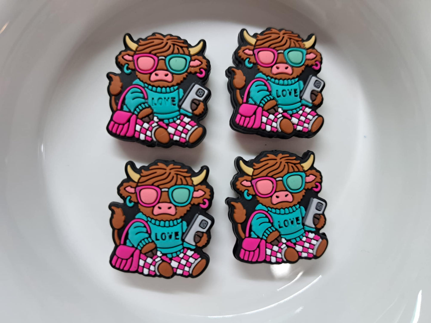 Love Brown Highland Girl Cow: With Phone and Sunglasses Silicone Focal Bead