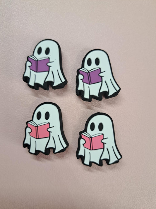 White Ghost holding Pink/Purple Book Full Body Silicone Focal Bead