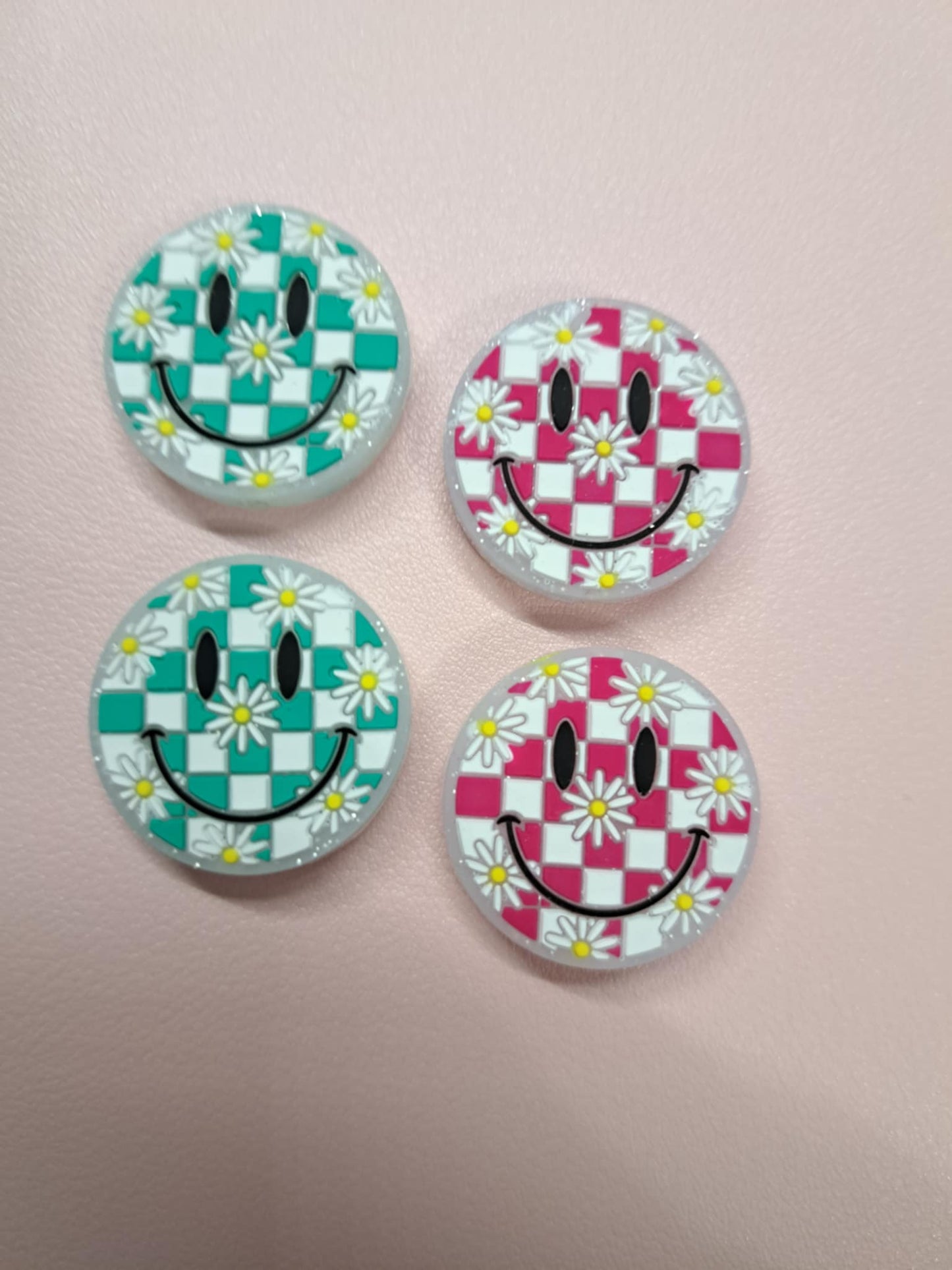 Smiley Face Checkered Pattern with Daisy Flowers Print Silicone Focal Bead