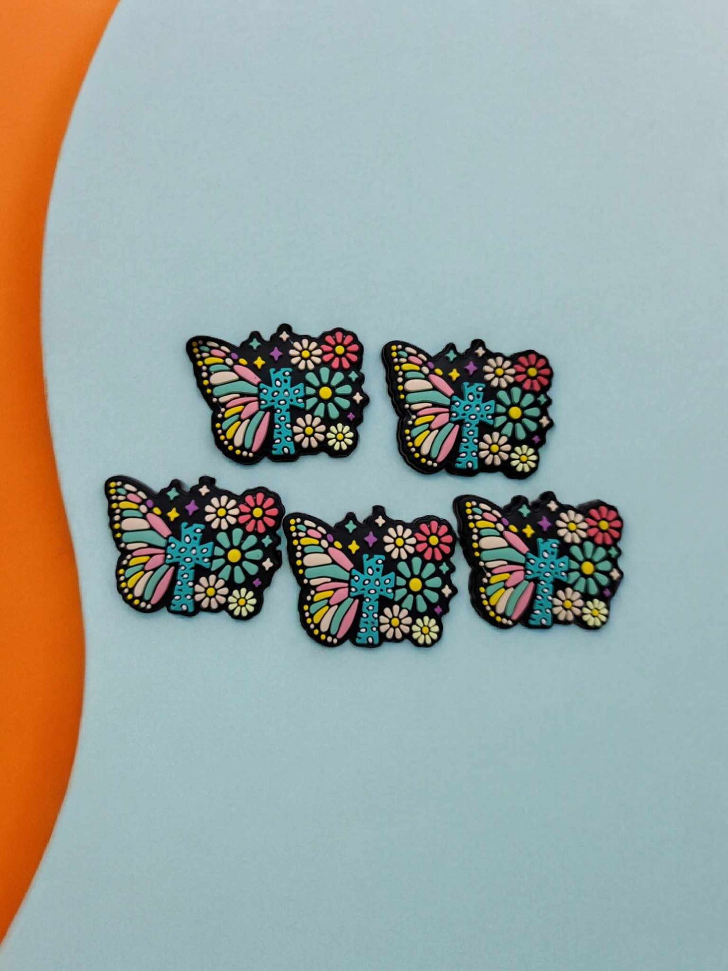 Turquoise Cross with Butterfly and Flowers Silicone Focal Bead - 1257