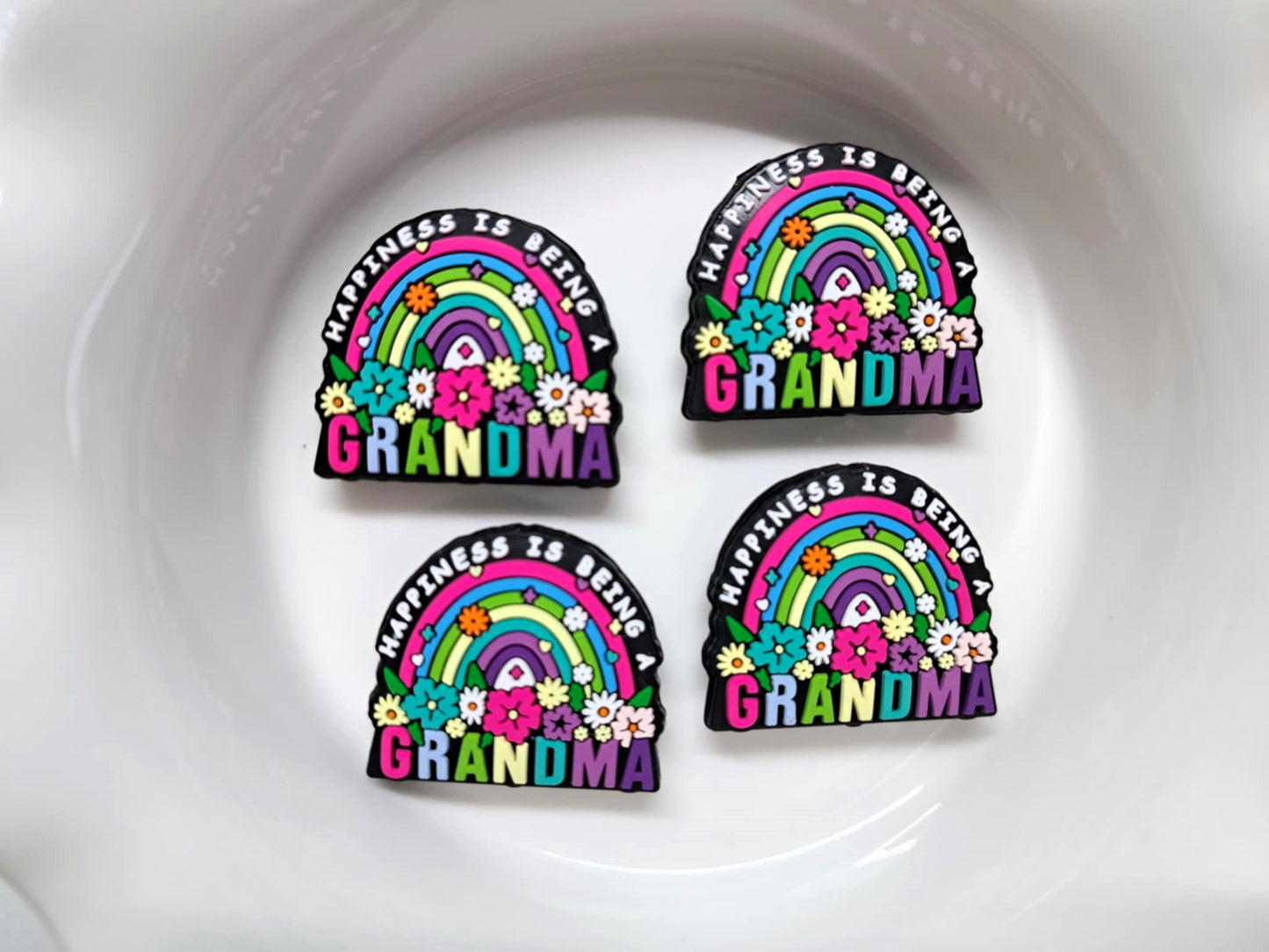 Happiness Is Being A Grandma: Rainbow with Flowers Silicone Focal Bead