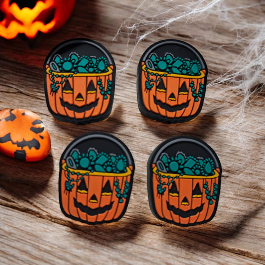 Pumpkin Bucket Face With Turquoise Gems - Orange Silicone Focal Bead