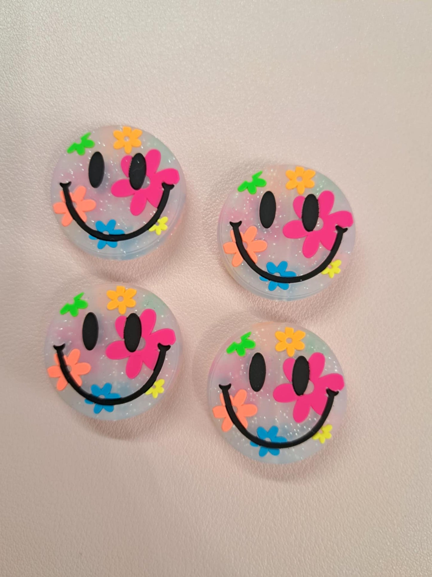Smiley Face: Clear with Neon Flower Print Silicone Focal Bead