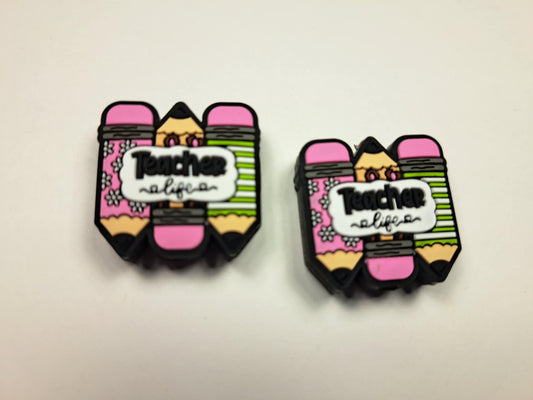 Teacher Life: Pink and Green Three Pencils Silicone Focal Bead