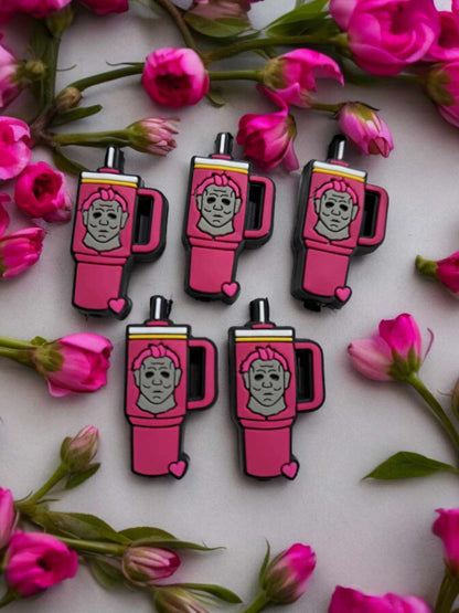 Pink Tumbler Halloween Cup with Killers Silicone Focal Bead - 0797