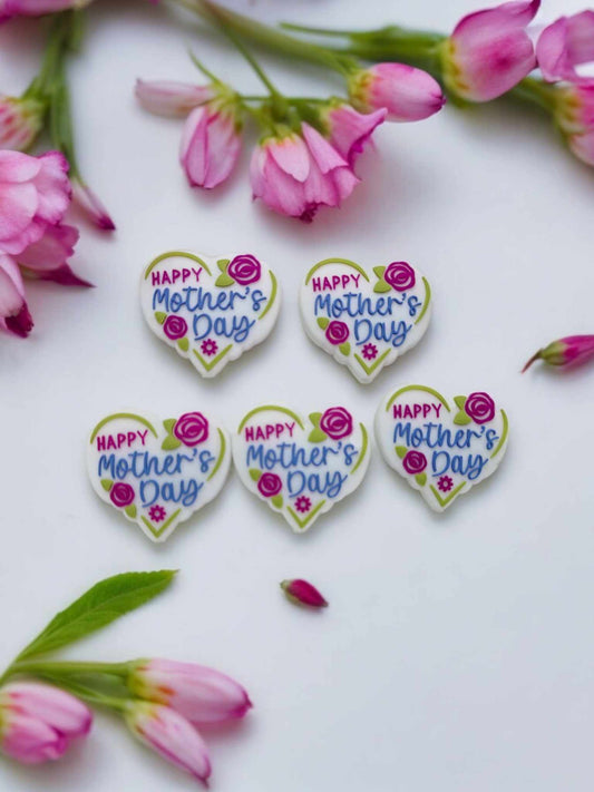 Happy Mother's Day White Heart with Flowers Silicone Focal Bead - 0672