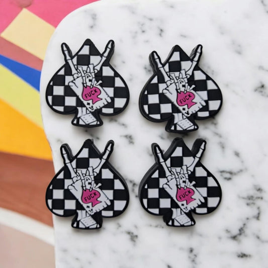 White & Black Checkered Spade With Skellie Hand/Playing Card "Fuck" Silicone Focal Bead