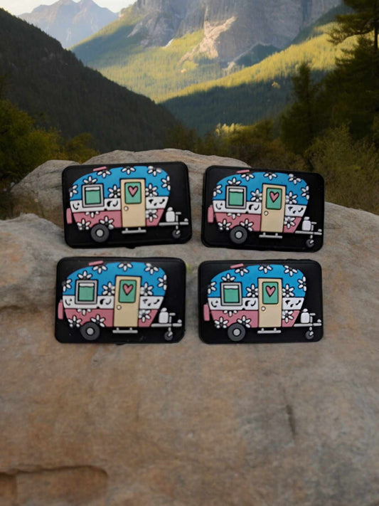 Camper with Flowers: Black Rectangle Silicone Focal Bead - 1280