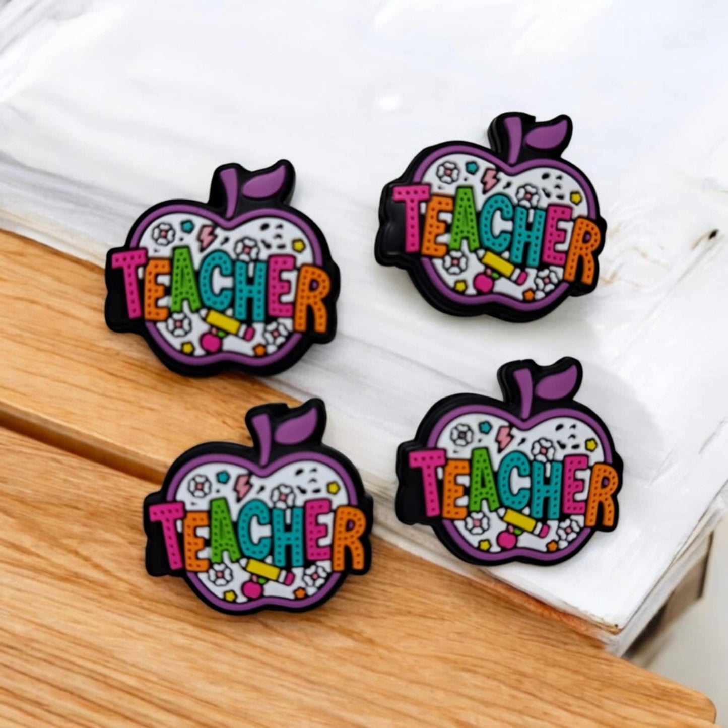 Teacher on White Apple ( Bright Colors) Silicone Focal Bead