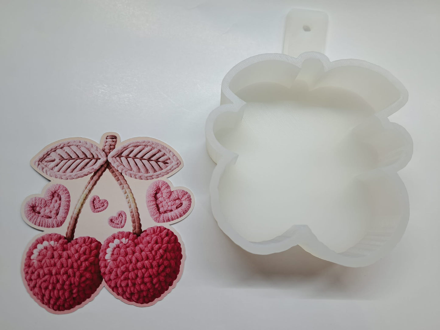 Faux Crochet Valentines Cherry Pink Yarn Hearts Cardstock Silicone Mold, Aroma Bead Molds, Premium Cardstock