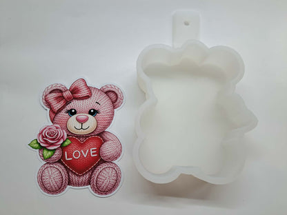 Love Teddy Bear With Pink Rose Cardstock Silicone Mold, Aroma Bead Molds, Premium Cardstock Images