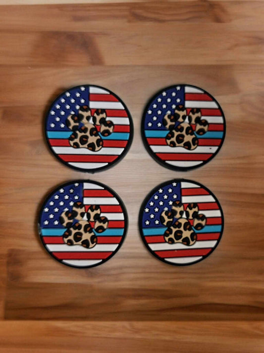 Paw Print Leopard Print Round with American Flag Silicone Focal Bead - 0905