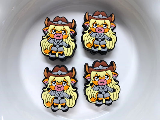 Girl Cow with Long Blonde Hair, Gray Outfit and Brown Cowboy Hat - Full Body Silicone Focal Bead
