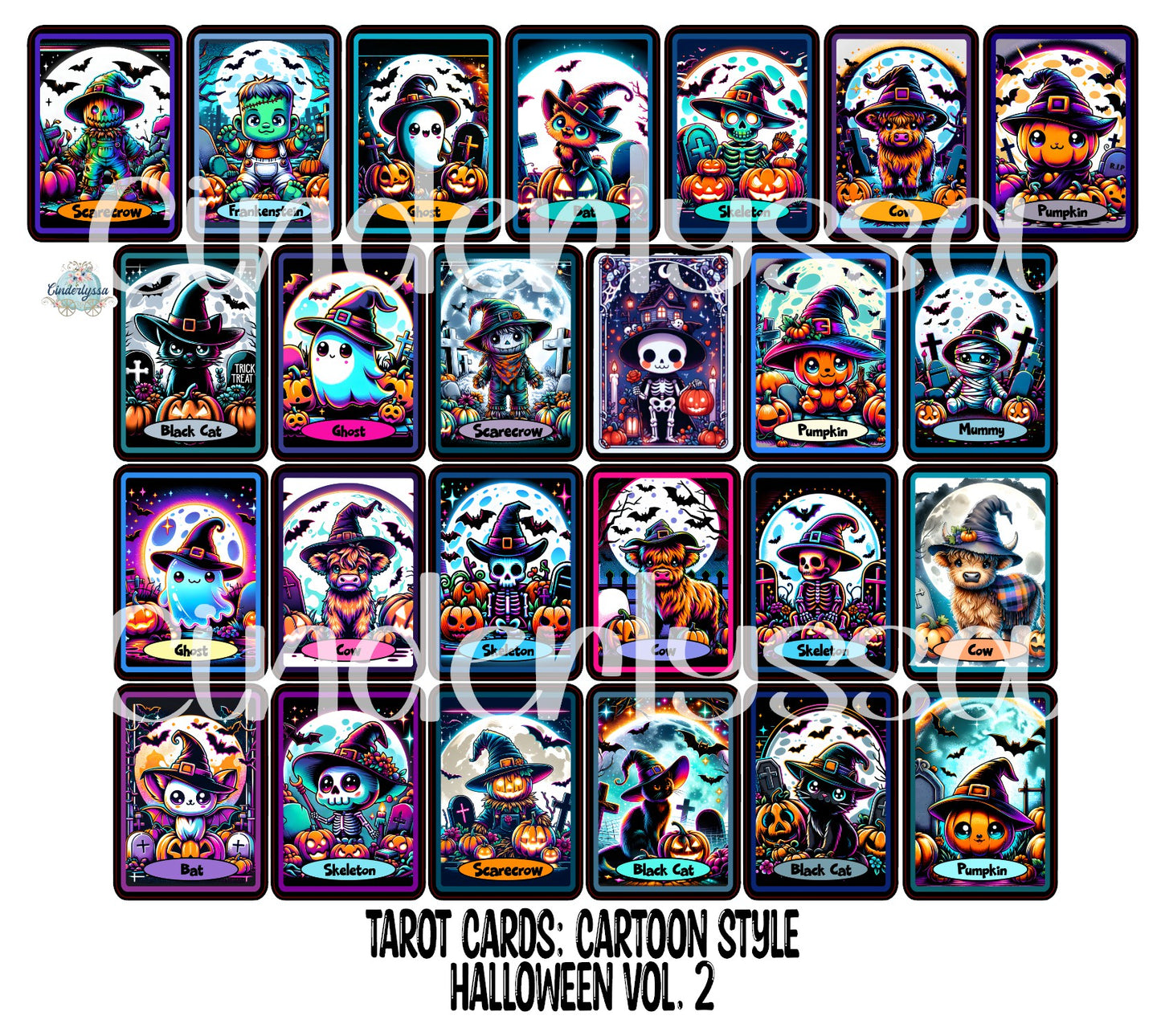 Tarot Cards: Cartoon Style Halloween Vol. 2 Mix Dual Cavity Cardstock Silicone Mold, Aroma Bead Molds, Premium Cardstock Images
