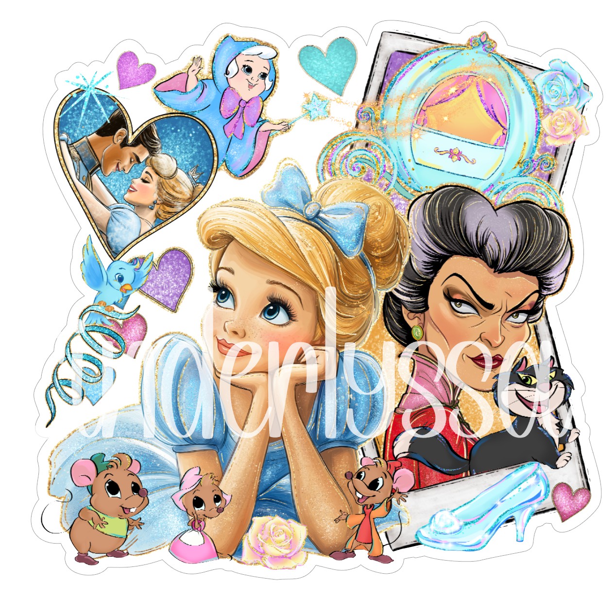 Cinderella Collage: Fairy Godmother, Carriage, Mice, Midnight Cardstock Silicone Mold, Aroma Bead Molds, Premium Cardstock Images