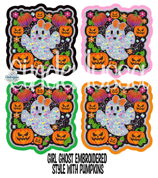 Girl Ghost Embroidered Style With Pumpkins Cardstock Silicone Mold, Aroma Bead Molds, Premium Cardstock Images