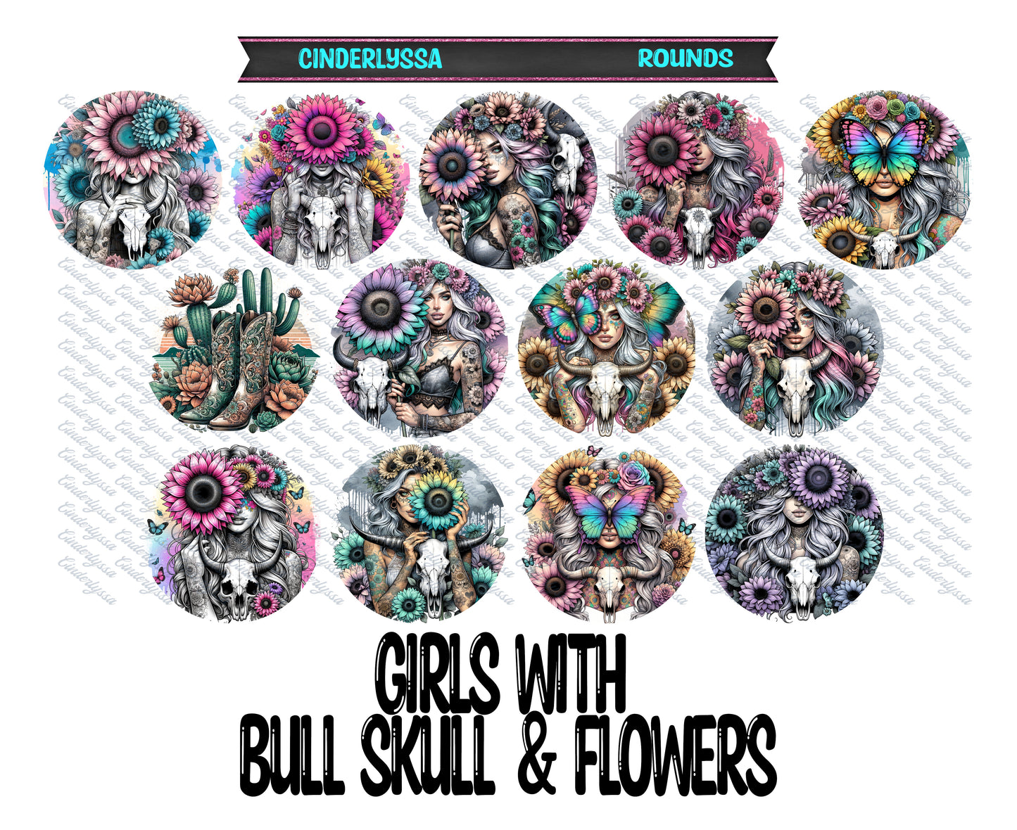 3 inch Round: Girls With Bull Skulls & Flowers Cardstock Only for freshies -NO MOLD for Aroma Bead Molds, Premium Cardstock Image