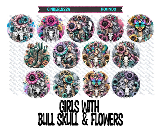 2.5 inch: Girls With Bull Skulls & Flowers Round Cardstock Only for Silicone Mold, Premium Cardstock Image