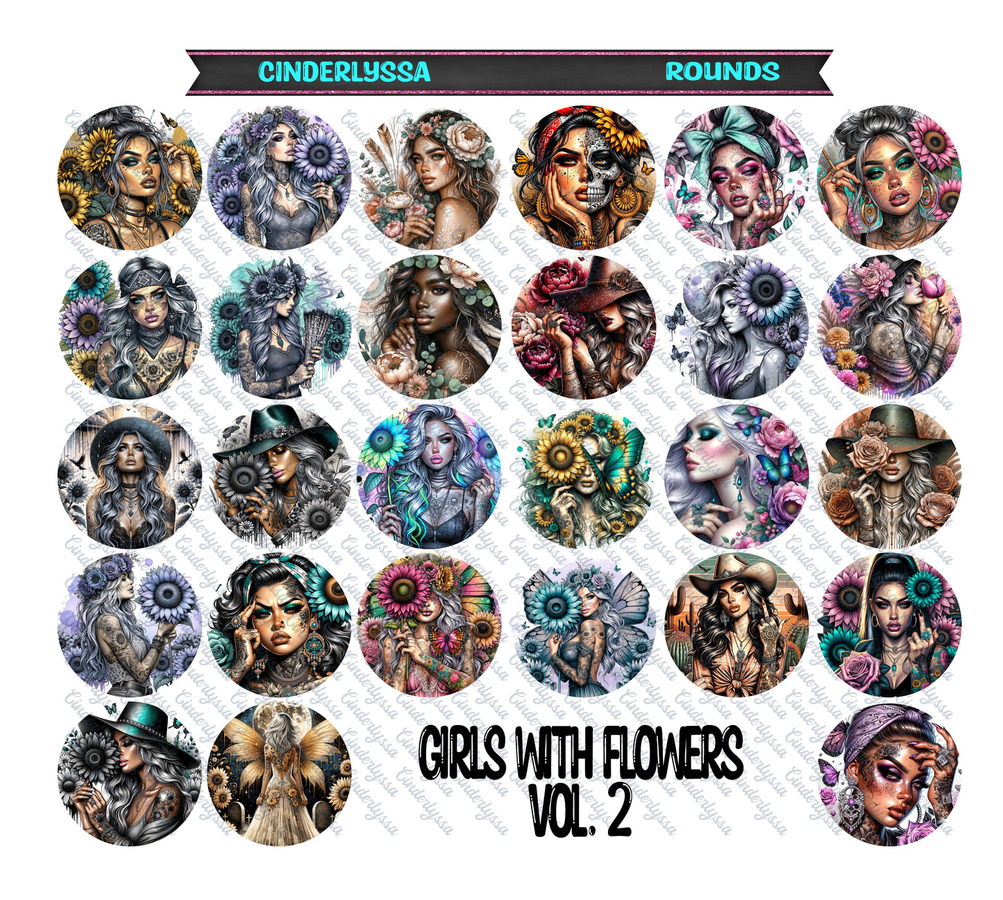 3 inch Round Girls With Flowers Vol. 2 Cardstock Only for freshies -NO MOLD: for Aroma Bead Molds,Car Freshener, Premium Cardstock Image