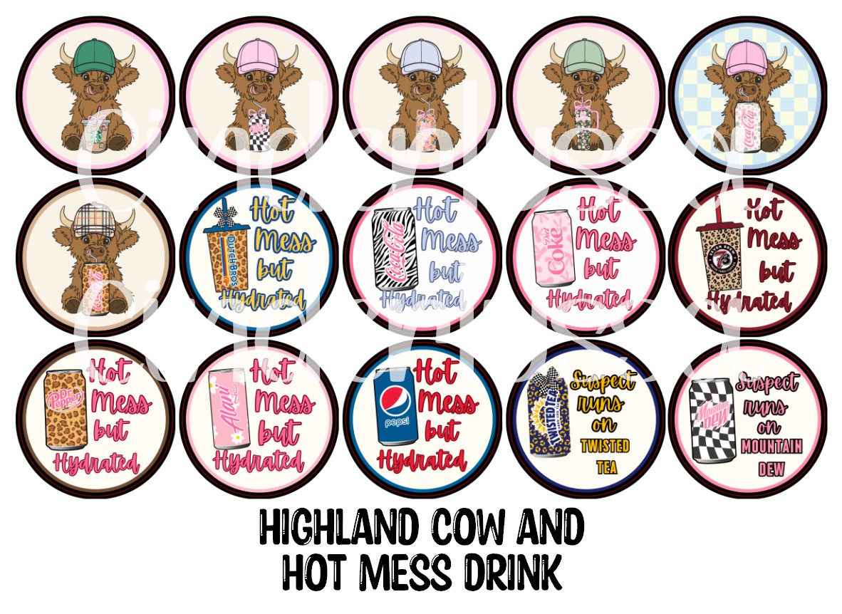 Highland Cow and Hot Mess Drink Rounds Cardstock Only for freshies - NO MOLD for Aroma Bead Molds, Premium Cardstock Images