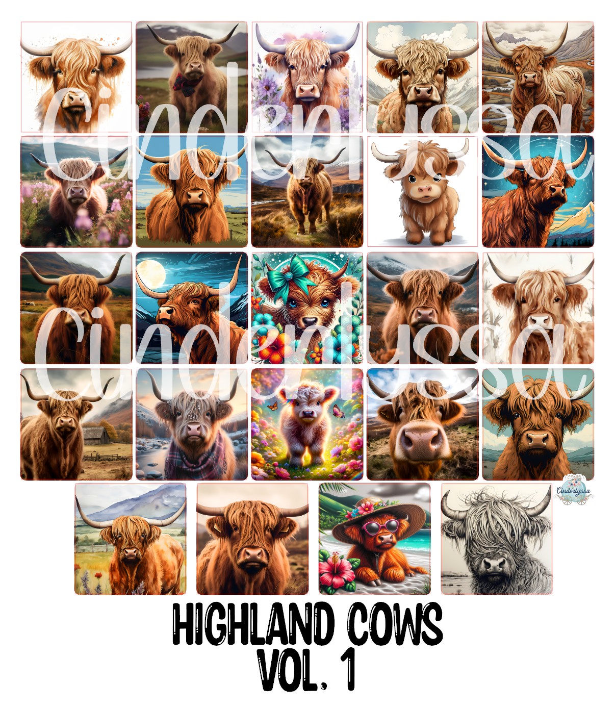 2.5 inch Square Highland Cows Vol. 1 Only for freshies - NO MOLD: Cardstock Silicone Mold, for Aroma Bead Molds, Premium Cardstock Image