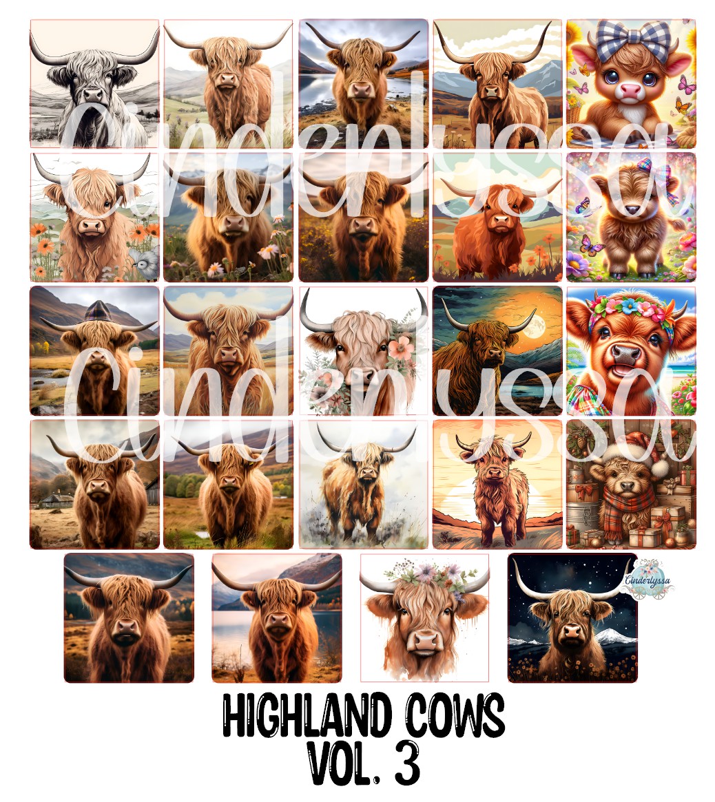 3 inch Square: Highland Cows Vol. 3 Cardstock/Picture With .25 inch Cu ...