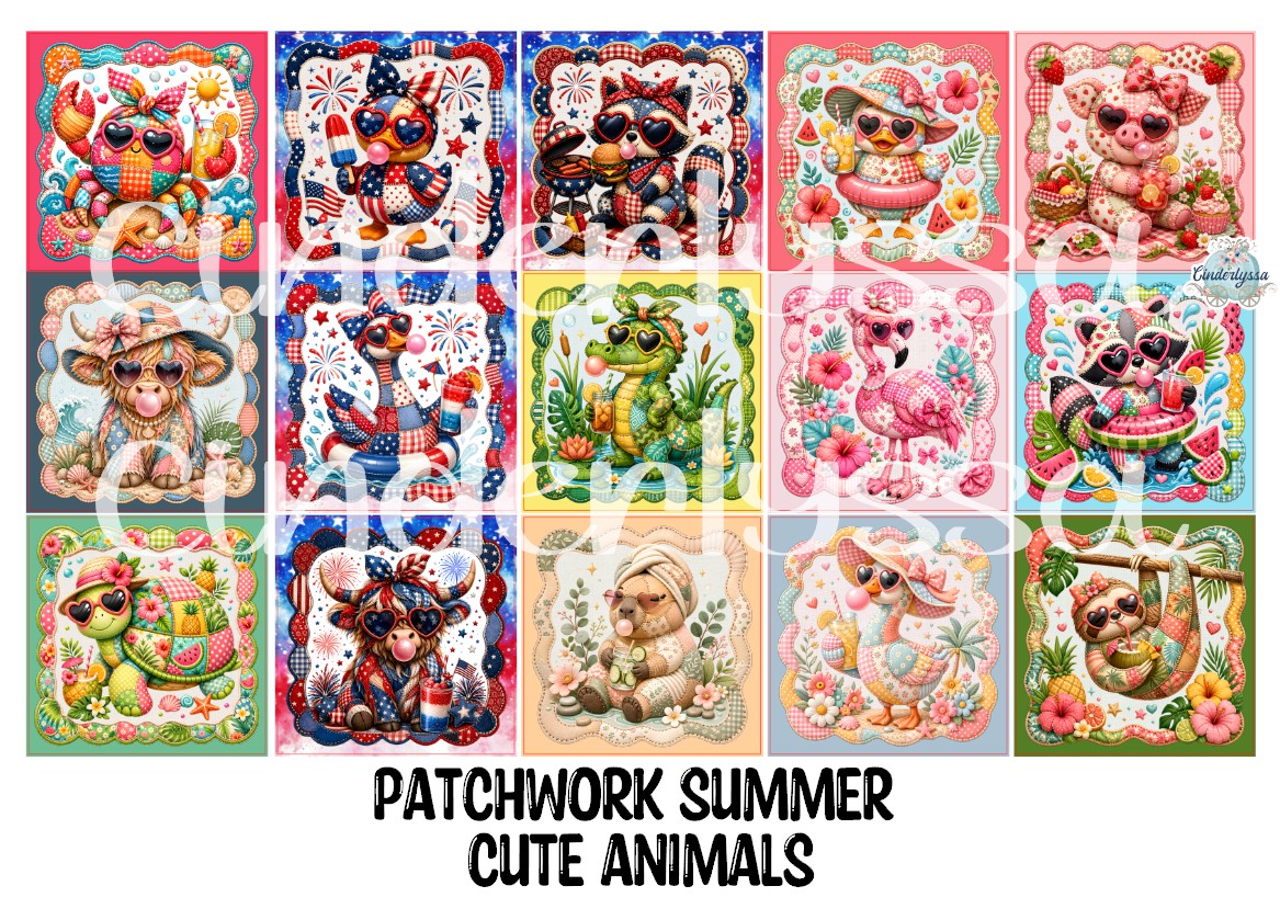 3 inch Square Patchwork Summer Cute Animals Cardstock Only for freshies - NO MOLD: Cardstock Silicone Mold, Premium Cardstock Image