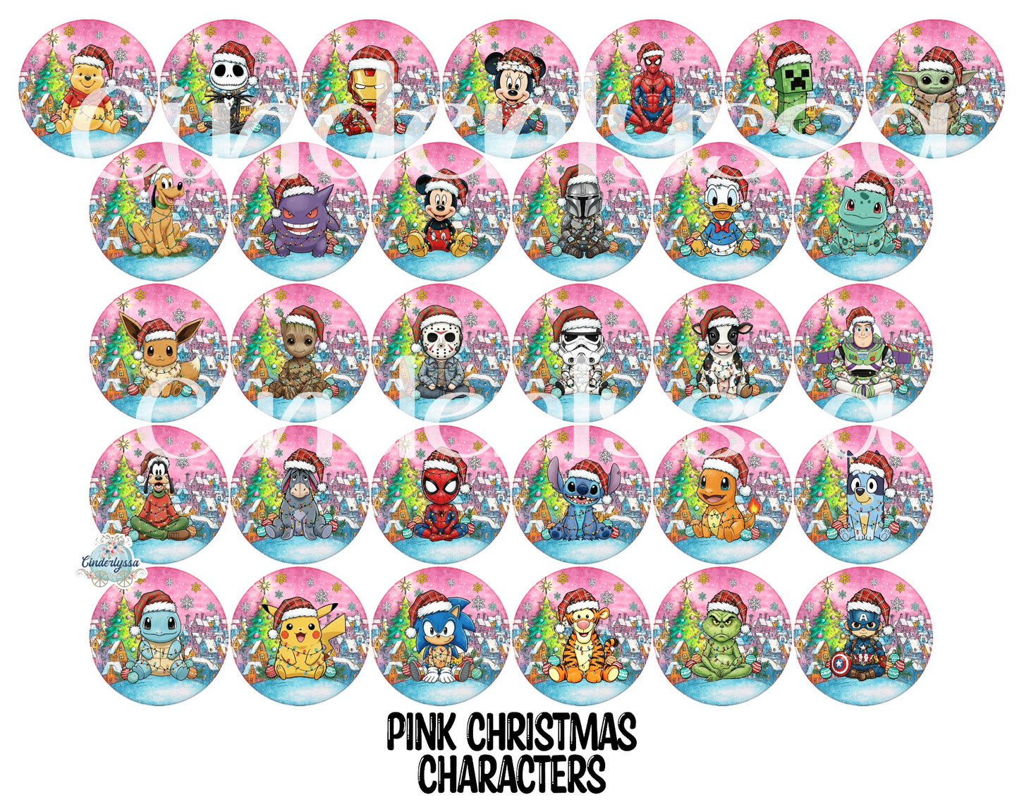 3.75 inch Round: Pink Christmas Characters for Cardstock Silicone Mold, for Aroma Bead Molds, Premium Cardstock Images
