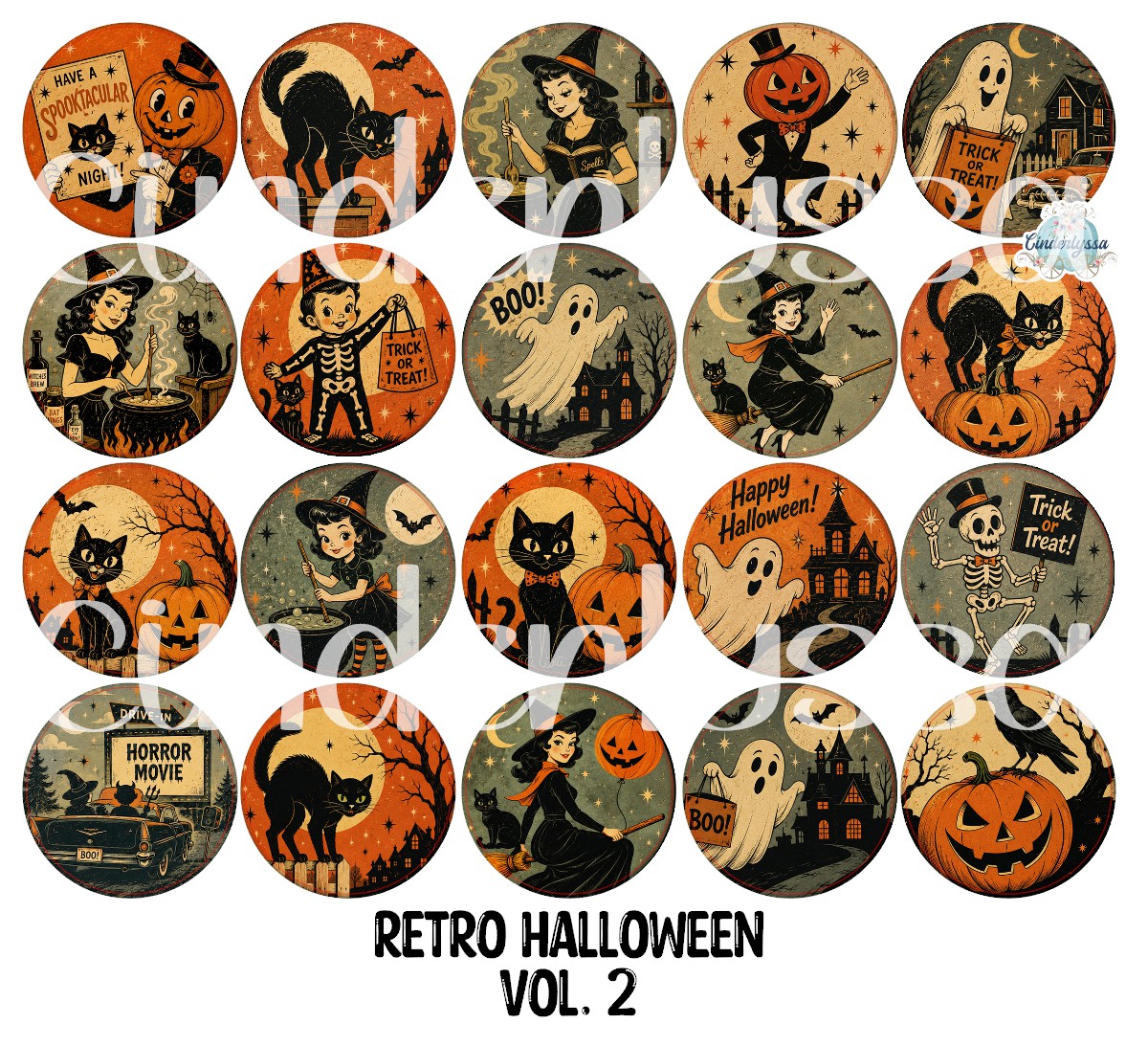 3 inch Round Retro Halloween Vol. 2 Cardstock Only for freshies -NO MOLD for Aroma Bead Molds, Premium Cardstock Images