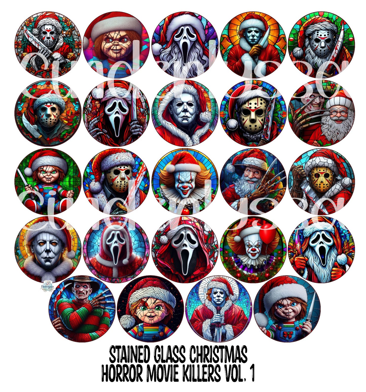 2.5 inch Round: Stained Glass Christmas Horror Movie Killers Vol. 1 Cardstock Only for freshies - NO MOLD for Aroma Bead Molds, Cardstock Silicone Mold, Premium Cardstock Images
