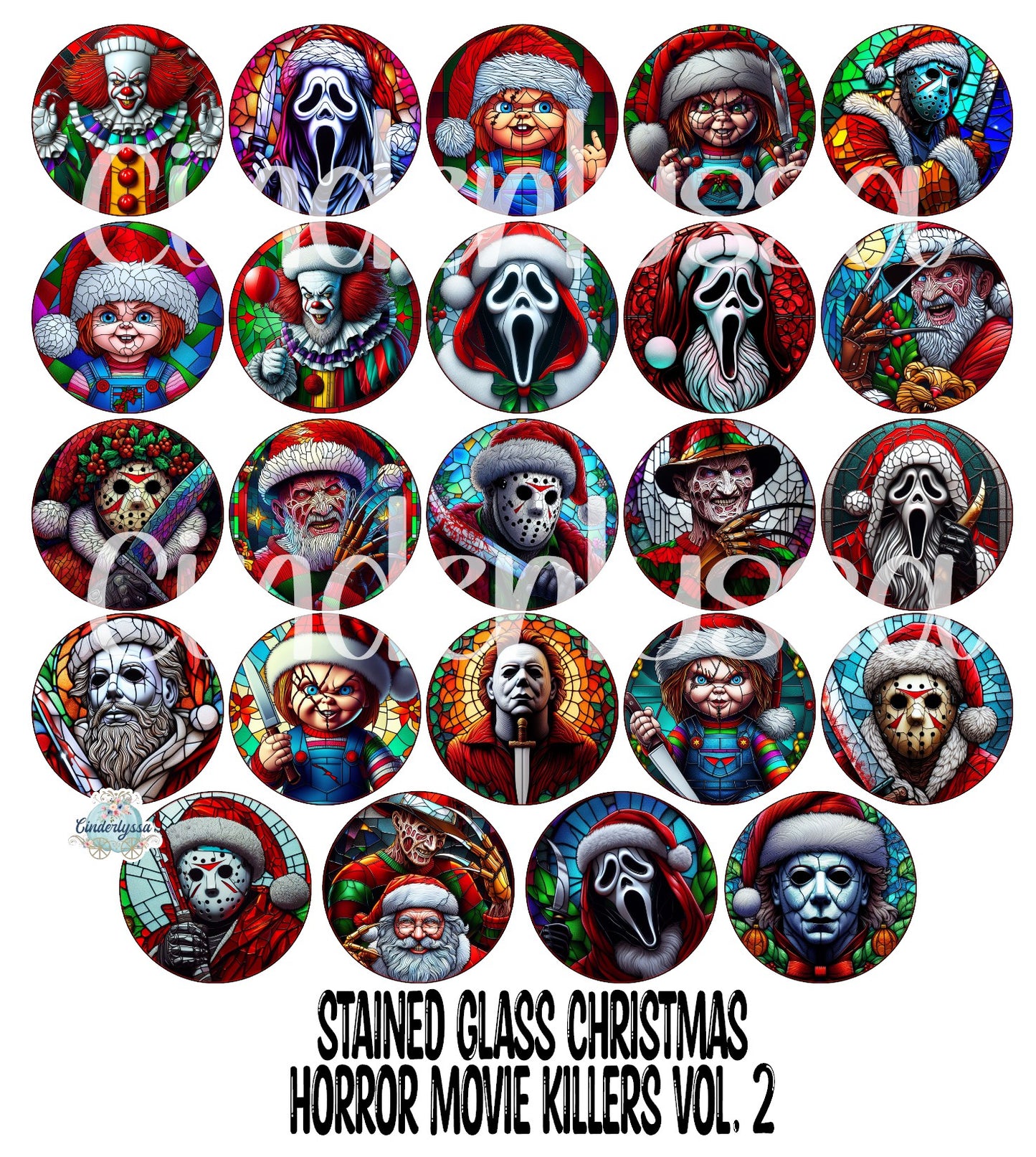 3.5 inch Round: Stained Glass Christmas Horror Movie Killers Vol. 2 for Cardstock Silicone Mold, NO MOLD INCLUDED for Aroma Bead Molds, Premium Cardstock Images