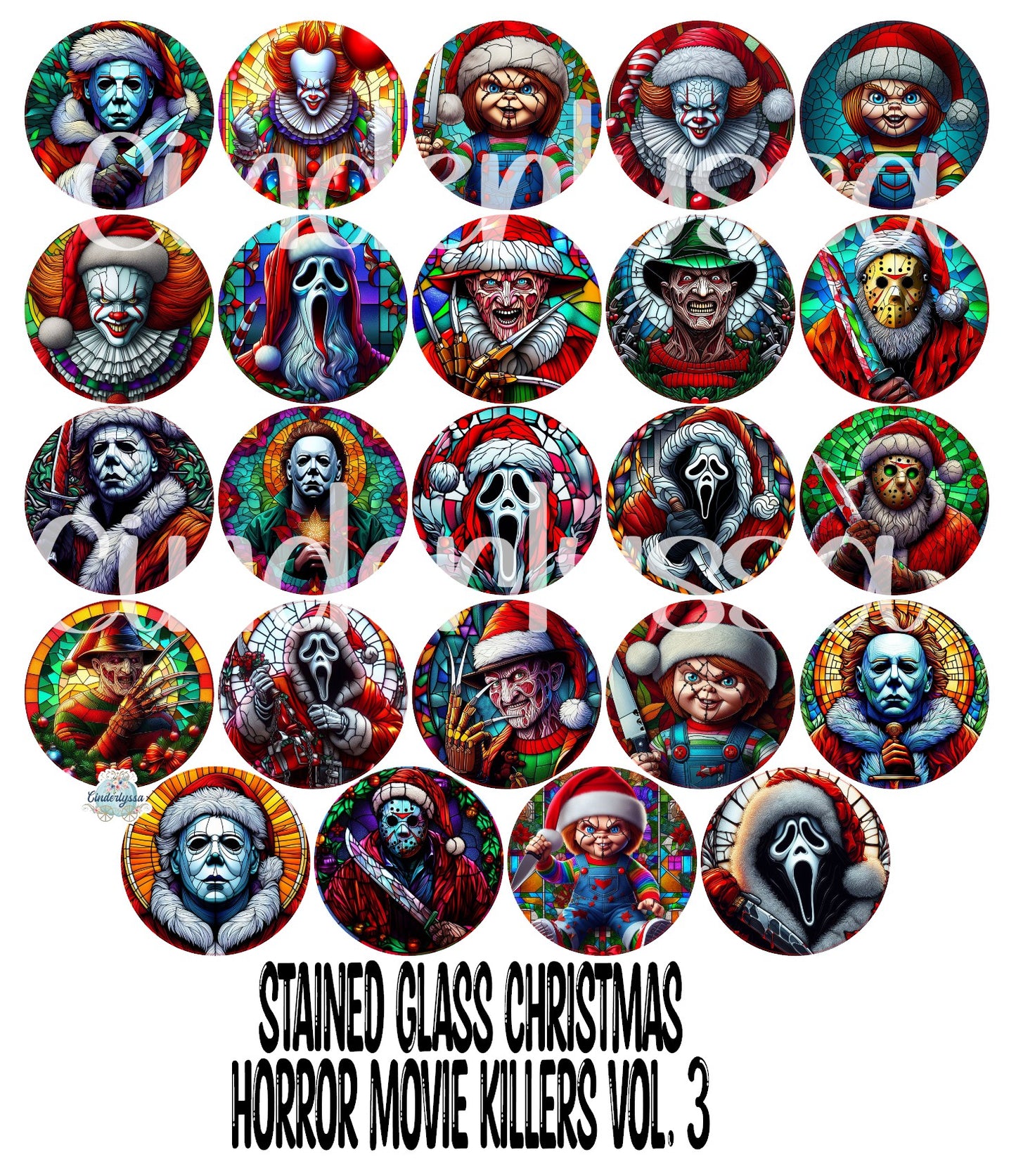 3.5 inch Round: Stained Glass Christmas Horror Movie Killers Vol. 3 for Cardstock Silicone Mold, NO MOLD INCLUDED for Aroma Bead Molds, Premium Cardstock Images