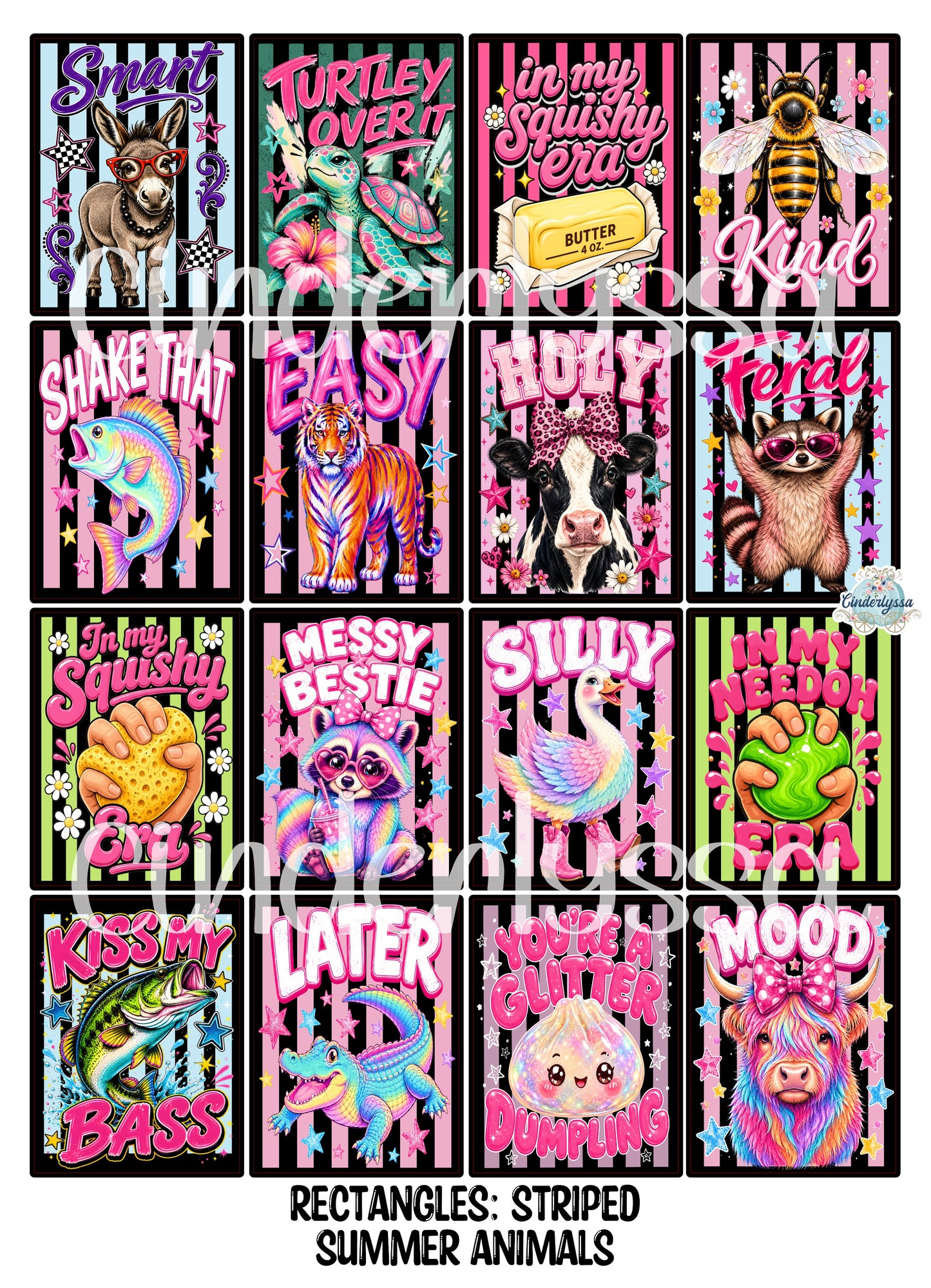 3x3.5 inch Rectangle: Striped Summer Animals Cardstock/Picture With .25 inch Curved Edge Cardstock Silicone Mold, Aroma Bead Molds, Premium Cardstock Images