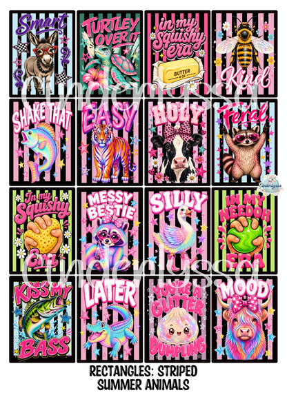 3x3.5 inch Rectangle: Striped Summer Animals Cardstock/Picture With .25 inch Curved Edge Cardstock Silicone Mold, Aroma Bead Molds, Premium Cardstock Images