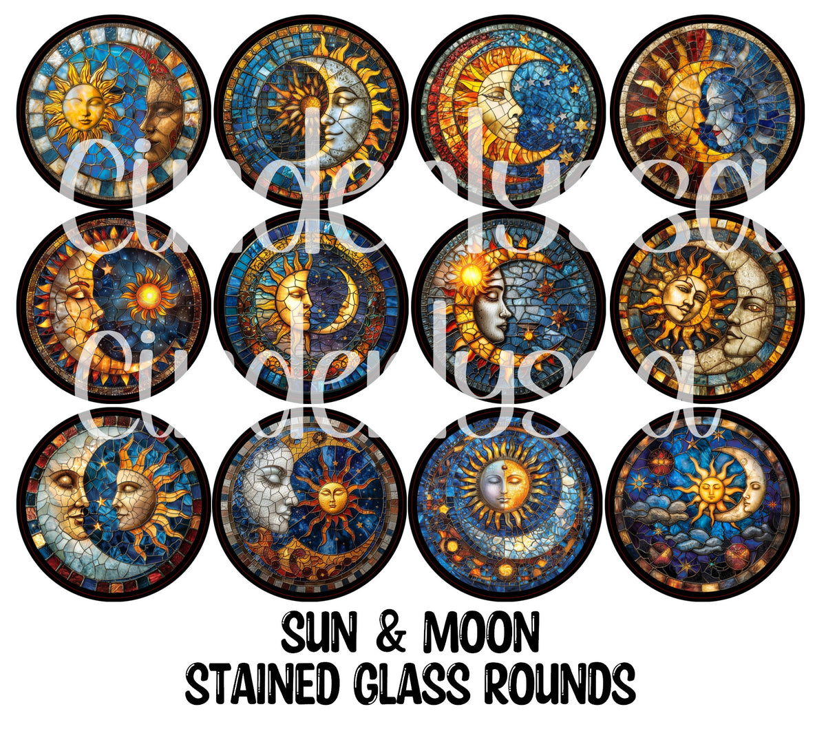 Sun and Moon Stained Glass Rounds Cardstock Only for freshies - NO MOLD for Aroma Bead Molds, Premium Cardstock Images