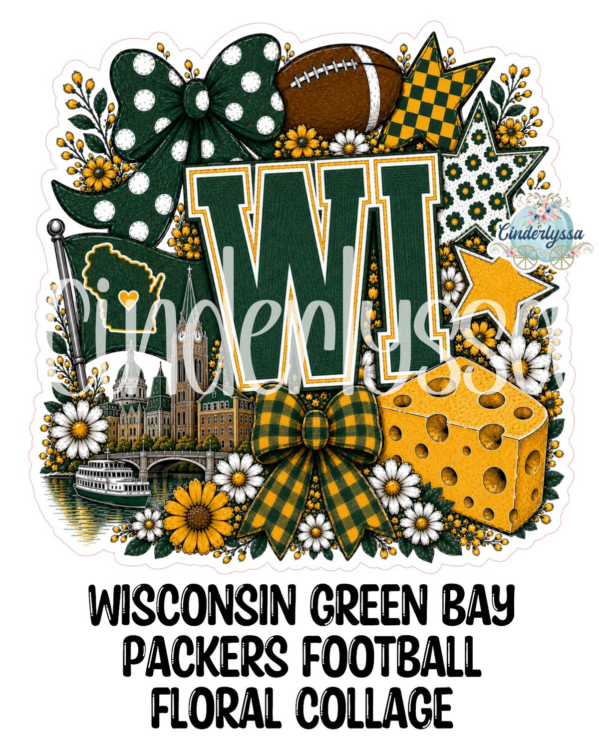Wisconsin Green Bay Packers Football Floral Collage Cardstock Silicone Mold, Aroma Bead Molds, Premium Cardstock Images