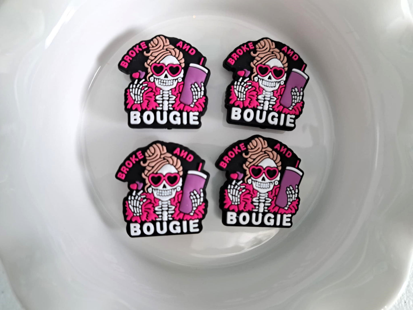 Broke and Bougie: Skellie Girl with Pink Cup and heart Sunglasses Silicone Focal Bead