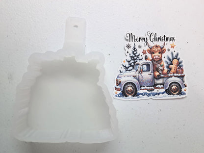 Merry Christmas Highland Cow on Vintage Truck Cardstock Silicone Mold, Aroma Bead Molds