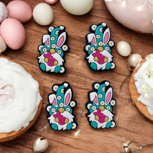 Easter Gnome Bunny Holding Pink Peep With Blue Hat Silicone Focal Bead