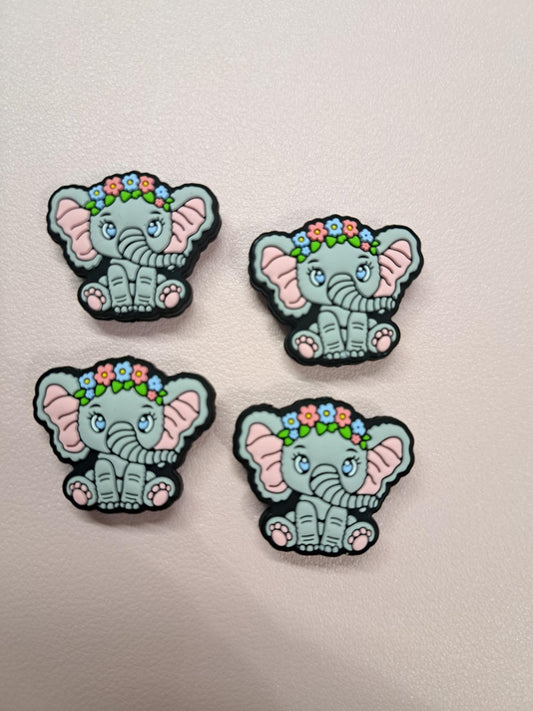Gray Elephant Sitting Full Body with Flower Crown Silicone Focal Bead