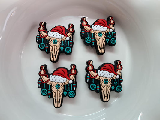 Bull Skull with Santa Hat and Turquoise Hanging Down Silicone Focal Bead